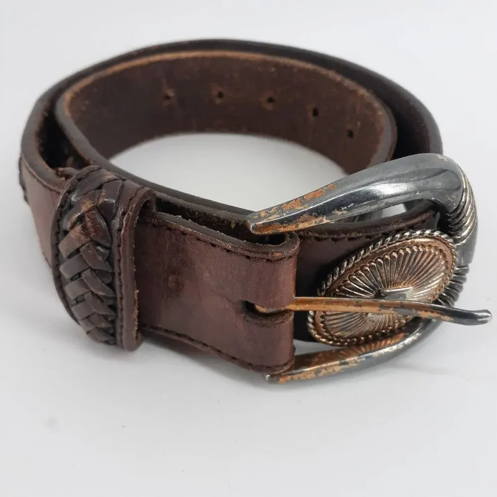 Vintage 1991 Western Rodeo Braided Brown Leather Conchos 28